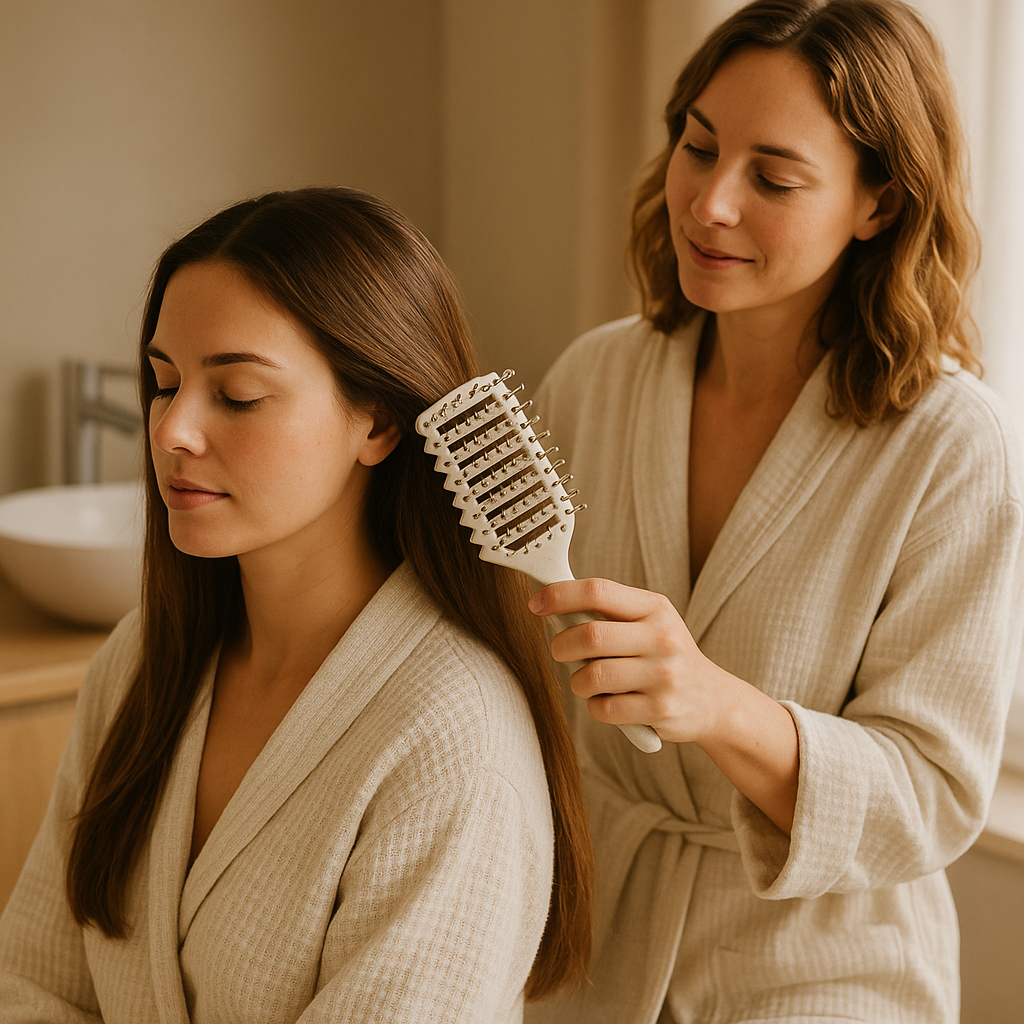 femme brossant avec brosse cheveux boucles beige cheveux femme