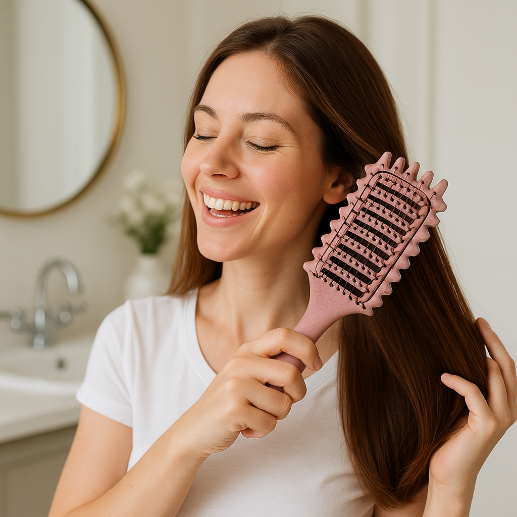 femme brossant ses cheveux avec brosse cheveux boucles rose