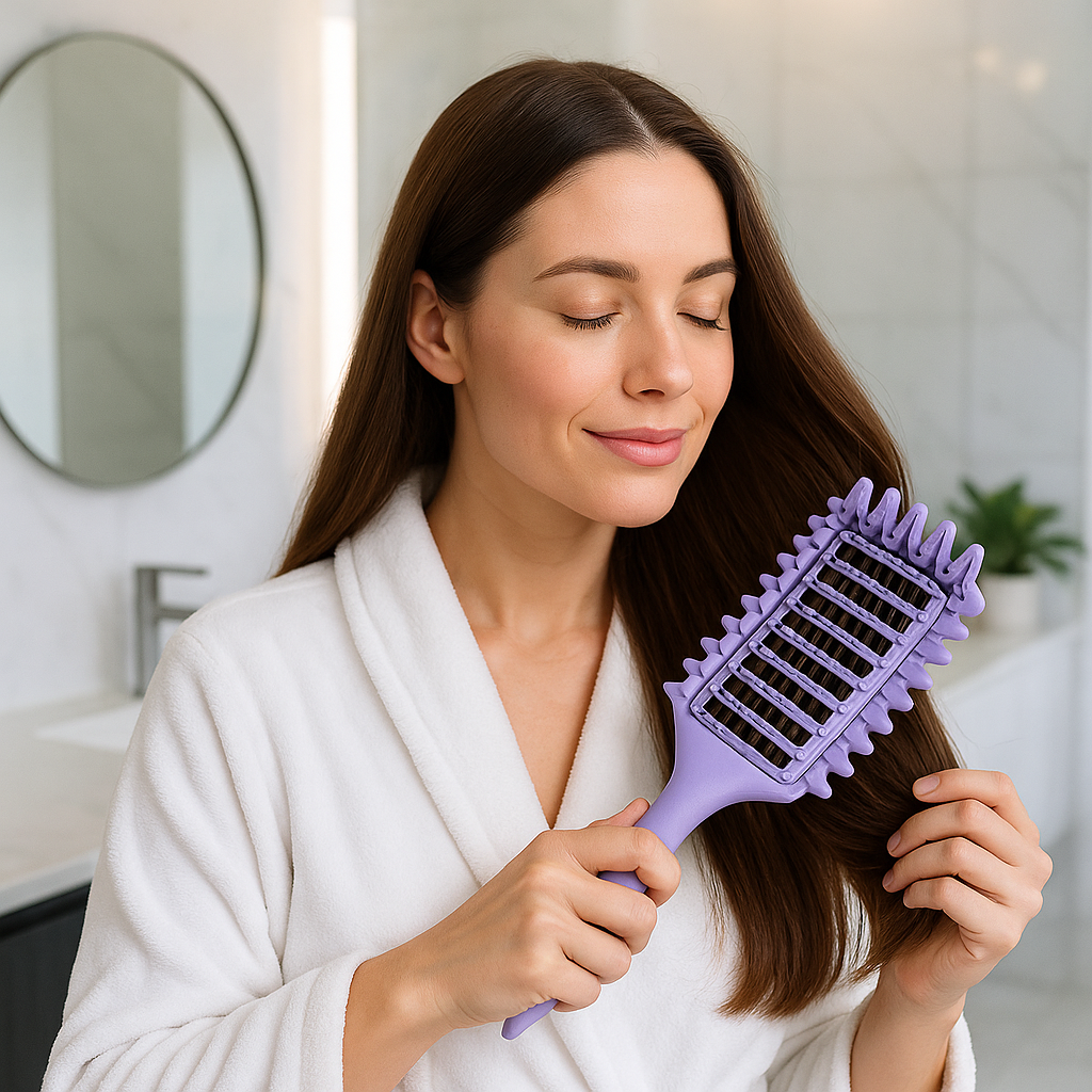 femme brossant ses cheveux avec brosse cheveux boucles violet