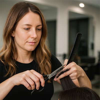 femme coupant des cheveux avec ciseaux coiffure pour finition